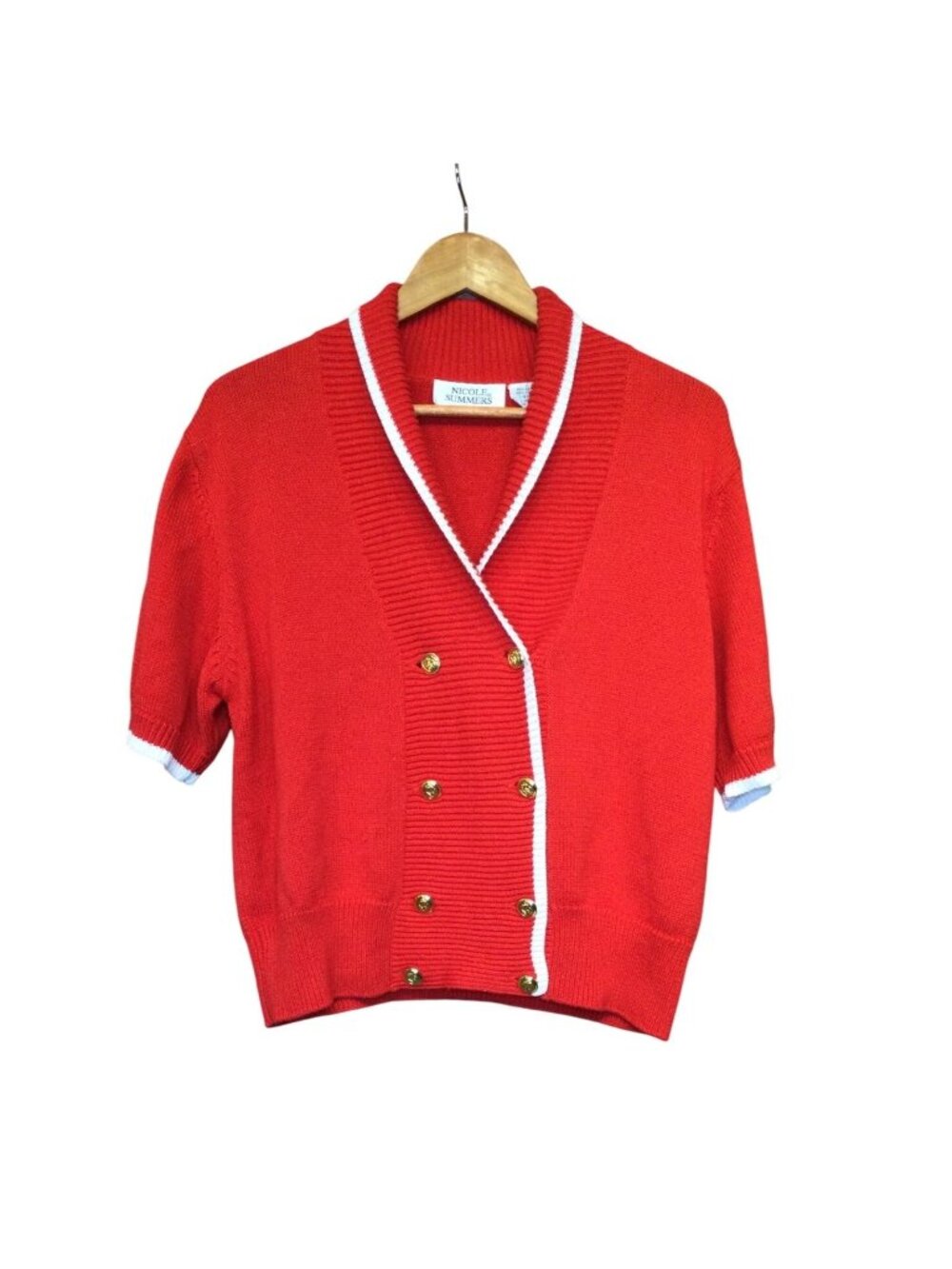 Womens Red Short Sleeve Cardigan Sweater L Gold Button Front Preppy Old Money